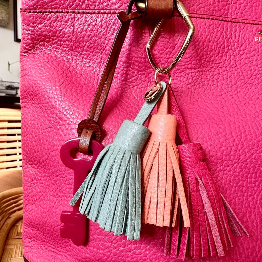 Fossil Sydney Pink Pebbled Leather Zip Tote Brown Trim - Picture 2 of 6